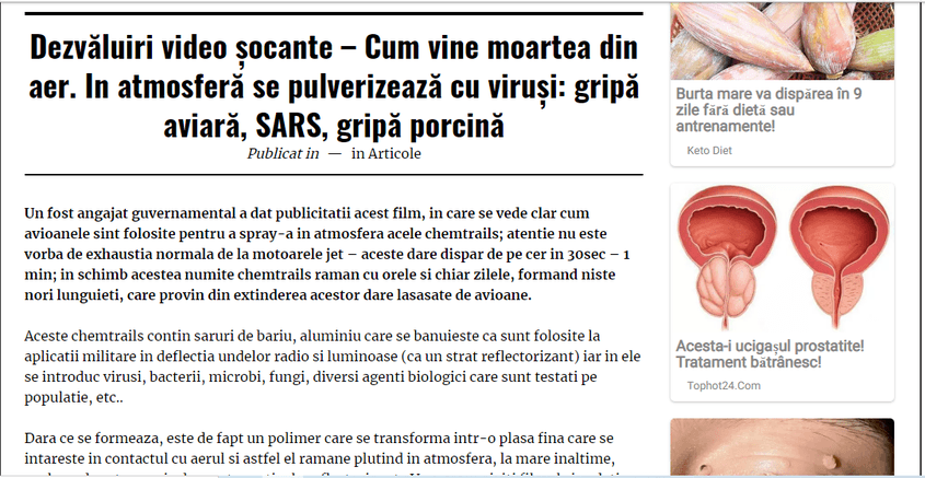 Materialul reia o teorie a conspirației care circulă în SUA a așa numitelor "chemtrails" FOTO captură site